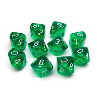 Chessex Translucent Green/white Set of Ten d10's (23275)
