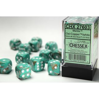 Chessex Marble 16mm d6 Dice Block (12ct) - Oxi-Copper/white