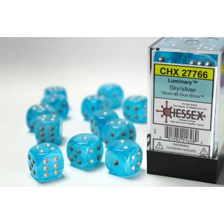 Chessex Luminary 16mm d6 Dice Block (12ct.) - Sky/silver