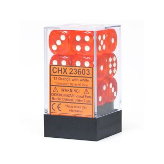 Chessex Translucent 16mm d6 Orange/white Dice Block of 12 dice (23603)
