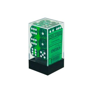 Chessex Translucent 16mm d6 Green/white Dice Block of 12 dice (23605)