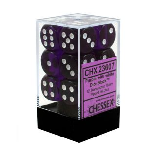 Chessex Translucent 16mm d6 Purple/white Dice Block of 12 dice (23607)