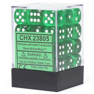 Chessex Translucent 12mm d6 Dice Block (36ct.) - Green/white