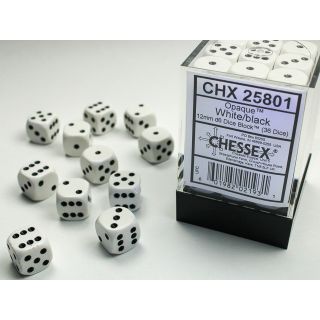 Chessex Opaque 12mm d6 Dice Block (36ct.) - White/black