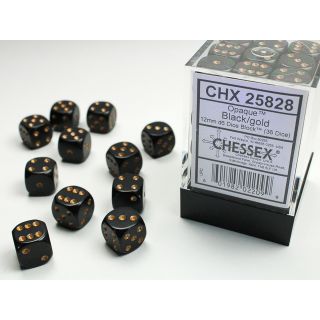 Chessex Opaque 12mm d6 Dice Block (36ct.) - Black/gold