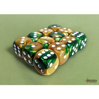 Chessex Gemini 16mm d6 Dice Block (12ct.) - Gold-Green/white