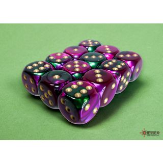Chessex Gemini 16mm d6 Dice Block (12ct.) - Green-Purple/gold