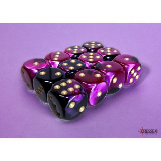 Chessex Gemini 16mm d6 Dice Block (12ct.) - Black-Purple/gold