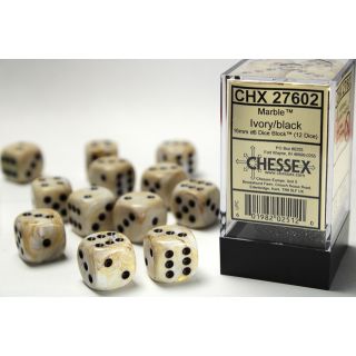 Chessex Marble 16mm d6 Dice Block (12ct) - Ivory/black