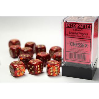 Chessex Scarab16mm d6 Dice Block (12ct) - Scarlet/gold