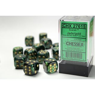 Chessex Scarab16mm d6 Dice Block (12ct) - Jade/gold