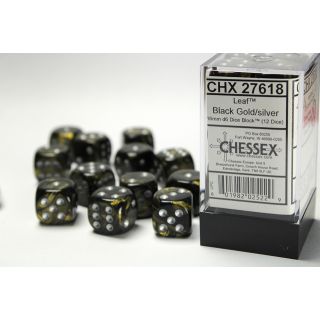 Chessex Leaf 16mm d6 Dice Block (12ct) - Black Gold/silver