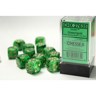 Chessex Vortex 16mm d6 Dice Block (12ct) - Green/gold