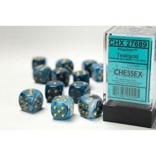Chessex Phantom 16mm d6 Dice Block (12ct.) - Teal/gold