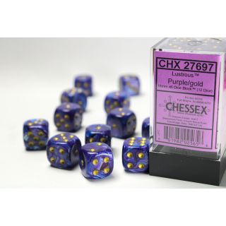 Chessex Lustrous 16mm d6 Dice Block (12ct.) - Purple/gold