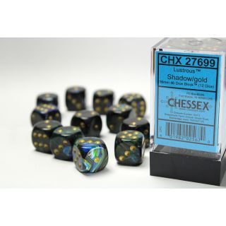 Chessex Lustrous 16mm d6 Dice Block (12ct.) - Shadow/gold