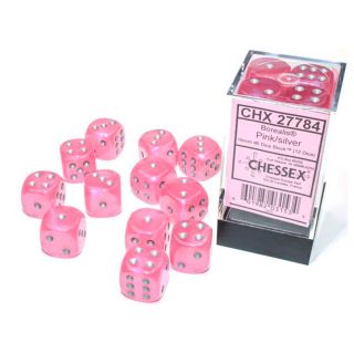 Chessex Borealis® 16mm d6 Pink/silver Luminary Dice Block (12 dice) (27784)
