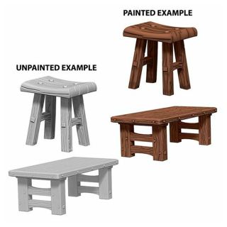 WizKids Deep Cuts™ Unpainted Miniatures: Wooden Table & Stools (72593)